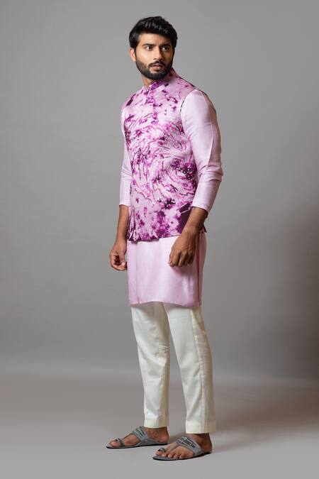PAARSH_Pink Cotton, Organza, Linen Satin Thread Cast A Shadow Tie Dye Bundi Kurta Set _Online_at_Aza_Fashions