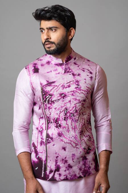 Buy_PAARSH_Pink Cotton, Organza, Linen Satin Thread Cast A Shadow Tie Dye Bundi Kurta Set _Online_at_Aza_Fashions