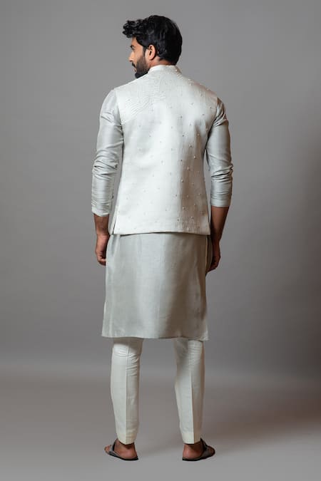 Shop PAARSH White Cotton, Bamberg Silk, Linen Satin Of Hope Embroidered Bundi Kurta Set at Aza Fashions Shop_PAARSH_White Cotton, Bamberg Silk, Linen Satin Of Hope Embroidered Bundi Kurta Set _at_Aza_Fashions