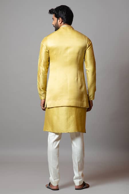 Shop PAARSH Yellow Cotton, Bamberg Silk, Elkhorn Asymmetric Embroidered Bundi Kurta Set at Aza Fashions Shop_PAARSH_Yellow Cotton, Bamberg Silk, Elkhorn Asymmetric Embroidered Bundi Kurta Set _at_Aza_Fashions