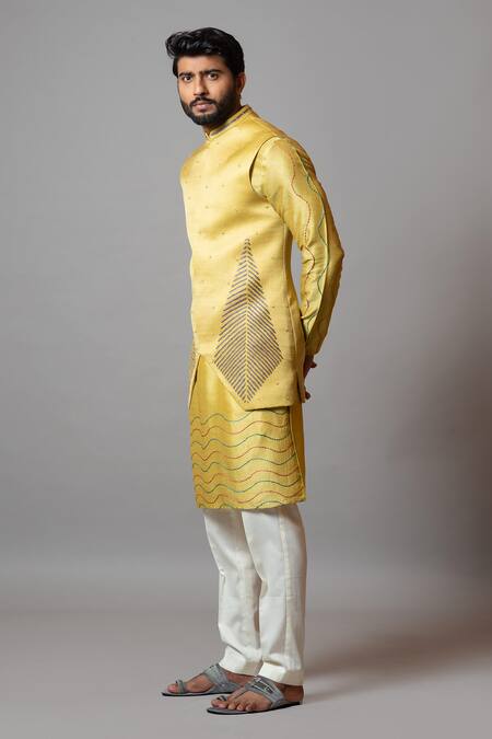PAARSH Yellow Cotton, Bamberg Silk, Elkhorn Asymmetric Embroidered Bundi Kurta Set Online at Aza Fashions PAARSH_Yellow Cotton, Bamberg Silk, Elkhorn Asymmetric Embroidered Bundi Kurta Set _Online_at_Aza_Fashions