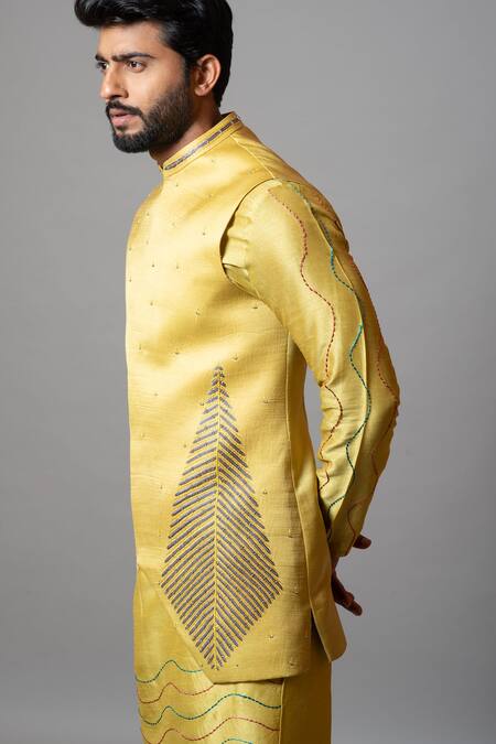 Buy PAARSH Yellow Cotton, Bamberg Silk, Elkhorn Asymmetric Embroidered Bundi Kurta Set Online at Aza Fashions Buy_PAARSH_Yellow Cotton, Bamberg Silk, Elkhorn Asymmetric Embroidered Bundi Kurta Set _Online_at_Aza_Fashions