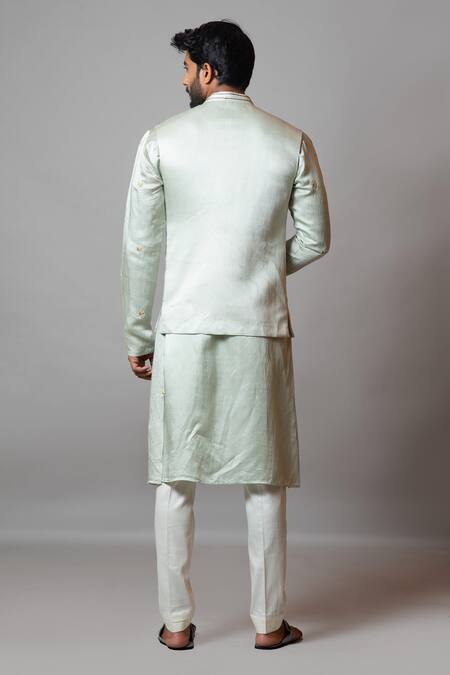 Shop PAARSH Green Cotton, Linen Satin Cutdana The Water Iris Embroidered Bundi Kurta Set at Aza Fashions Shop_PAARSH_Green Cotton, Linen Satin Cutdana The Water Iris Embroidered Bundi Kurta Set _at_Aza_Fashions