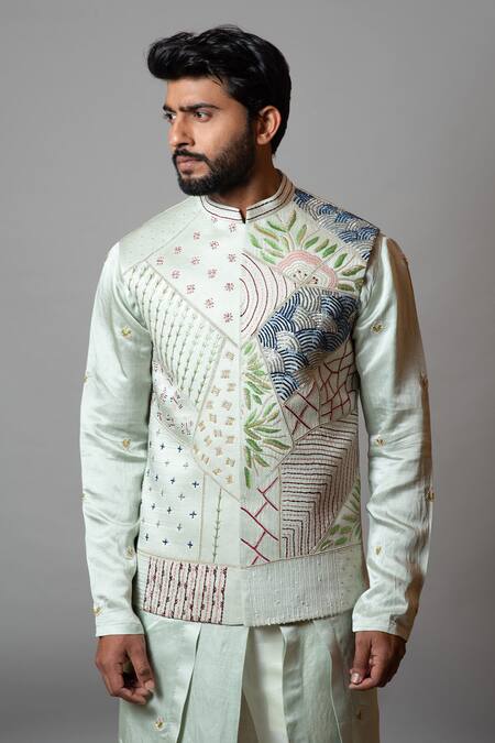 Buy PAARSH Green Cotton, Linen Satin Cutdana The Water Iris Embroidered Bundi Kurta Set Online at Aza Fashions Buy_PAARSH_Green Cotton, Linen Satin Cutdana The Water Iris Embroidered Bundi Kurta Set _Online_at_Aza_Fashions