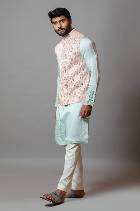 PAARSH_Pink Cotton, Linen Satin Mirror Work, Thread Ripple Embroidered Bundi Kurta Set _Online_at_Aza_Fashions