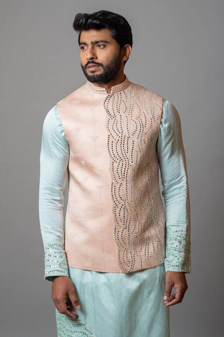 Buy_PAARSH_Pink Cotton, Linen Satin Mirror Work, Thread Ripple Embroidered Bundi Kurta Set _Online_at_Aza_Fashions