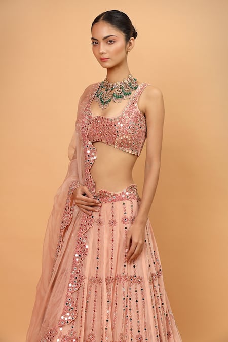Neha Khullar_Peach Organza, Net, Shantoon, Lining Cotton Embroidered Bridal Lehenga Set _at_Aza_Fashions