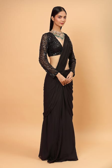 Neha Khullar_Black Chiffon, Lycra Sequins, Embroidery Floral Pre-draped Saree For Kids_Online_at_Aza_Fashions