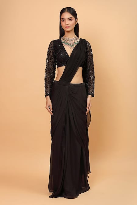 Buy_Neha Khullar_Black Chiffon, Lycra Sequins, Embroidery Floral Pre-draped Saree For Kids_Online_at_Aza_Fashions