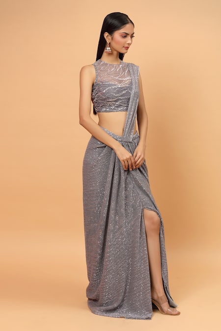 Neha Khullar_Purple Net, Lining Lycra Abstract, Pre-draped Saree With Embroidered Blouse _Online_at_Aza_Fashions