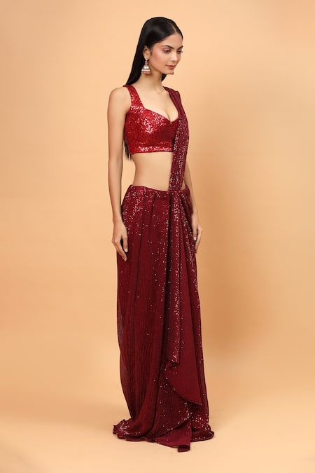 Neha Khullar_Red Net, Lining Lycra Sequin Pre-draped Saree With Embroidered Blouse _Online_at_Aza_Fashions