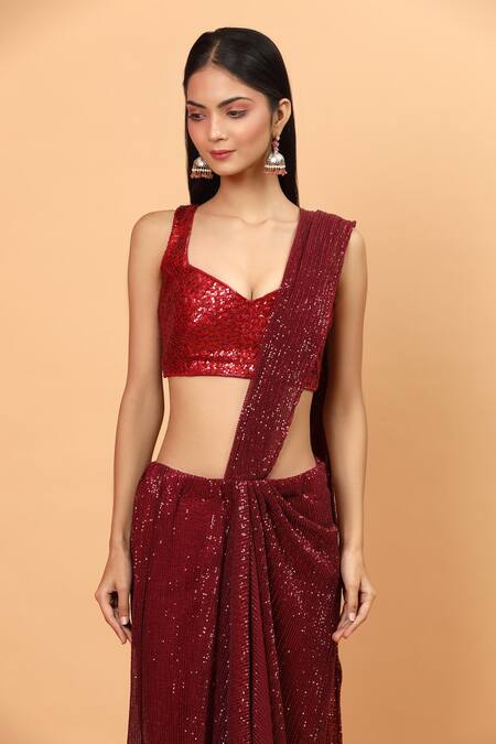 Buy_Neha Khullar_Red Net, Lining Lycra Sequin Pre-draped Saree With Embroidered Blouse _Online_at_Aza_Fashions
