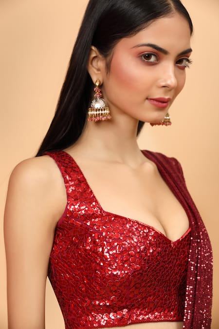 Shop_Neha Khullar_Red Net, Lining Lycra Sequin Pre-draped Saree With Embroidered Blouse _Online_at_Aza_Fashions