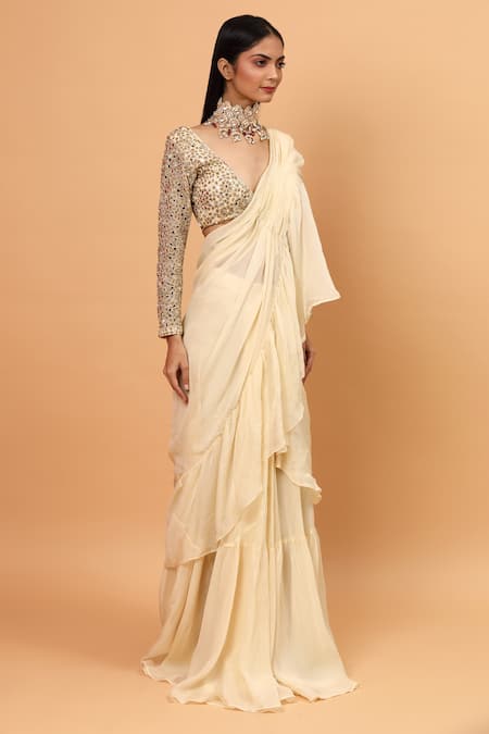Neha Khullar_Ivory Organza, Net, Lining Lycra Mirror Ruffle Pre-draped Saree With Blouse _Online_at_Aza_Fashions