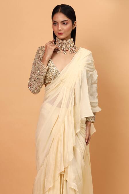 Shop_Neha Khullar_Ivory Organza, Net, Lining Lycra Mirror Ruffle Pre-draped Saree With Blouse _Online_at_Aza_Fashions