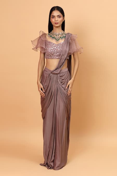 Neha Khullar_Purple Net, Lining Lycra Floral, Pre-draped Saree With Embroidered Blouse _Online_at_Aza_Fashions