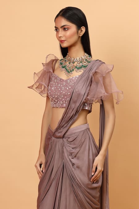 Buy_Neha Khullar_Purple Net, Lining Lycra Floral, Pre-draped Saree With Embroidered Blouse _Online_at_Aza_Fashions