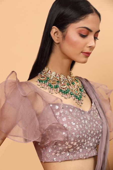 Shop_Neha Khullar_Purple Net, Lining Lycra Floral, Pre-draped Saree With Embroidered Blouse _Online_at_Aza_Fashions