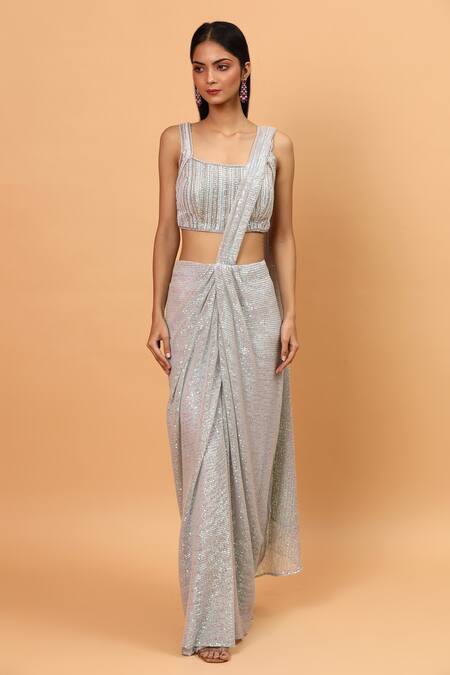Neha Khullar_Blue Net, Lining Lycra Sequin Square Pre-draped Saree With Embroidered Blouse _Online_at_Aza_Fashions