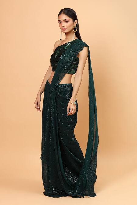 Buy_Neha Khullar_Green Net, Lining Lycra Sequin Pre-draped Saree With One Shoulder Blouse _Online_at_Aza_Fashions