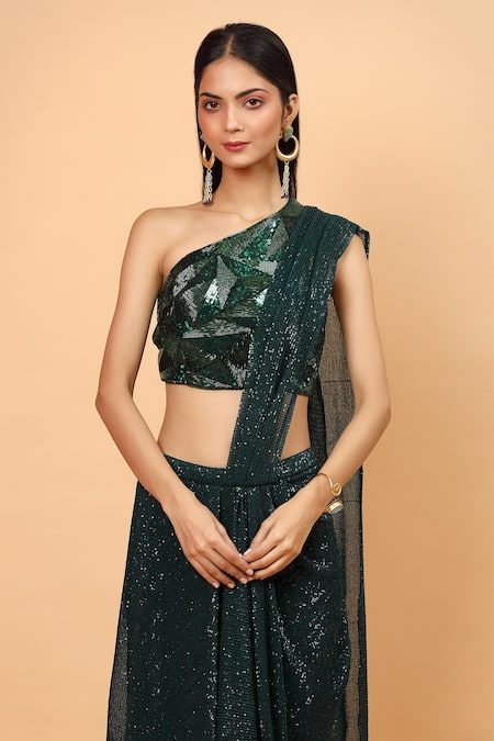 Shop_Neha Khullar_Green Net, Lining Lycra Sequin Pre-draped Saree With One Shoulder Blouse _Online_at_Aza_Fashions