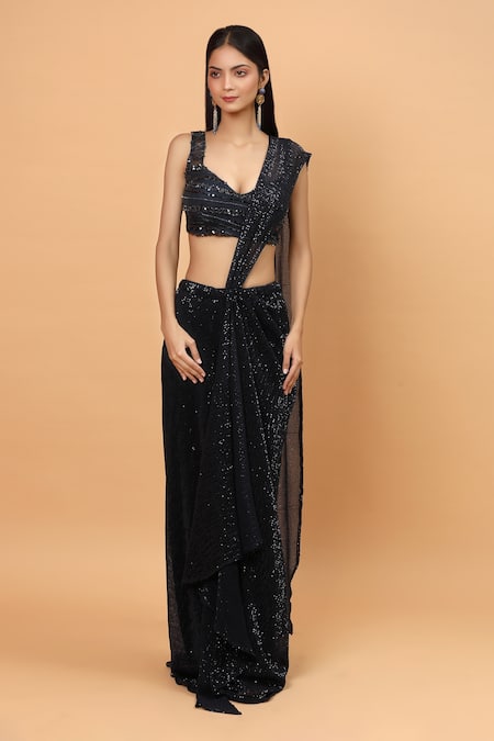 Buy_Neha Khullar_Blue Net, Lining Lycra Sequin Pre-draped Saree With Embroidered Blouse _Online_at_Aza_Fashions