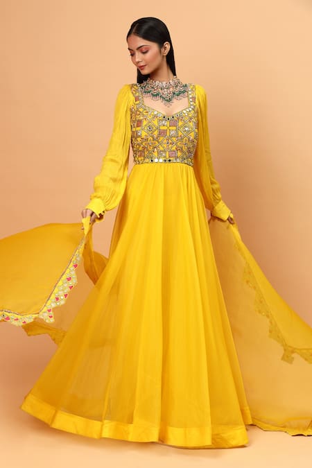 Neha Khullar_Yellow Organza, Net, Lycra Mirrors, Embroidery Geometric Anarkali Set For Kids_Online_at_Aza_Fashions