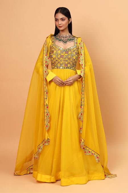 Buy_Neha Khullar_Yellow Organza, Net, Lycra Mirrors, Embroidery Geometric Anarkali Set For Kids_Online_at_Aza_Fashions