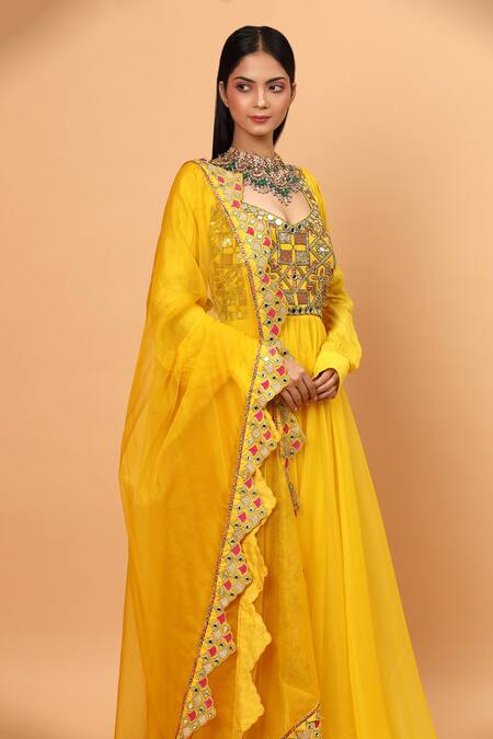 Shop_Neha Khullar_Yellow Organza, Net, Lycra Mirrors, Embroidery Geometric Anarkali Set For Kids_Online_at_Aza_Fashions