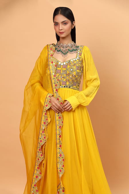 Neha Khullar_Yellow Organza, Net, Lycra Mirrors, Embroidery Geometric Anarkali Set For Kids_at_Aza_Fashions