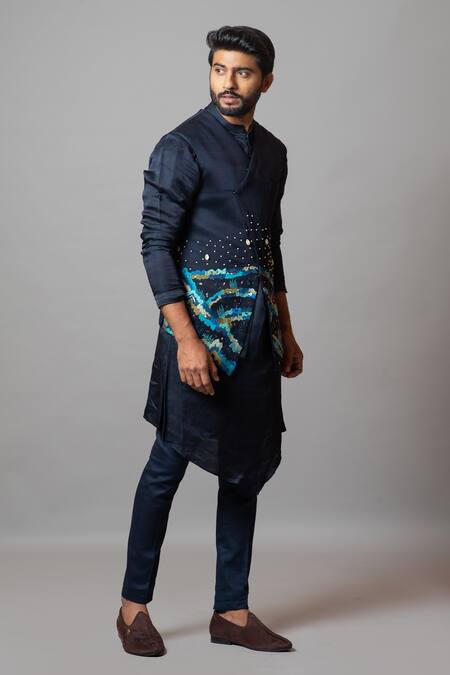 PAARSH_Blue Cotton, Linen Satin Pearl Work, Thread Seashore Embroidered Bundi Kurta Set _Online_at_Aza_Fashions