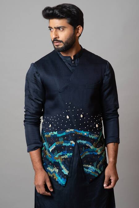 Buy_PAARSH_Blue Cotton, Linen Satin Pearl Work, Thread Seashore Embroidered Bundi Kurta Set _Online_at_Aza_Fashions