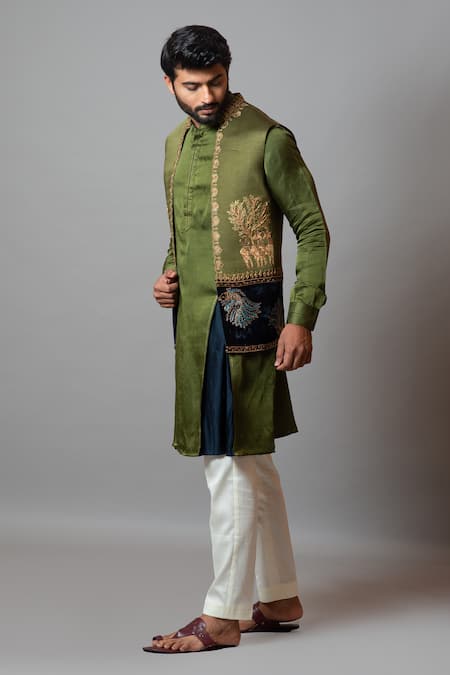 PAARSH_Green Cotton, Velvet, Linen Satin Yami Embroidered Front Open Bundi Kurta Set _Online_at_Aza_Fashions