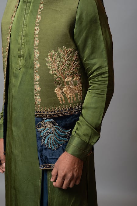 Buy_PAARSH_Green Cotton, Velvet, Linen Satin Yami Embroidered Front Open Bundi Kurta Set _Online_at_Aza_Fashions
