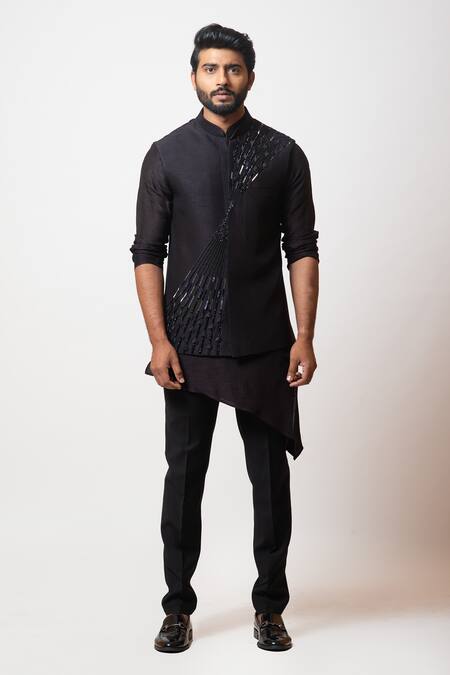 PAARSH_Black Cotton, Bamberg Silk Cutdana Mariana Trench Embroidered Bundi Kurta Set _Online_at_Aza_Fashions
