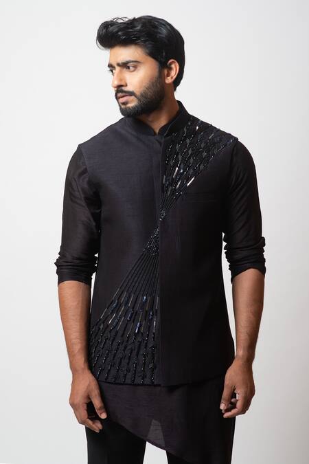 Buy_PAARSH_Black Cotton, Bamberg Silk Cutdana Mariana Trench Embroidered Bundi Kurta Set _Online_at_Aza_Fashions