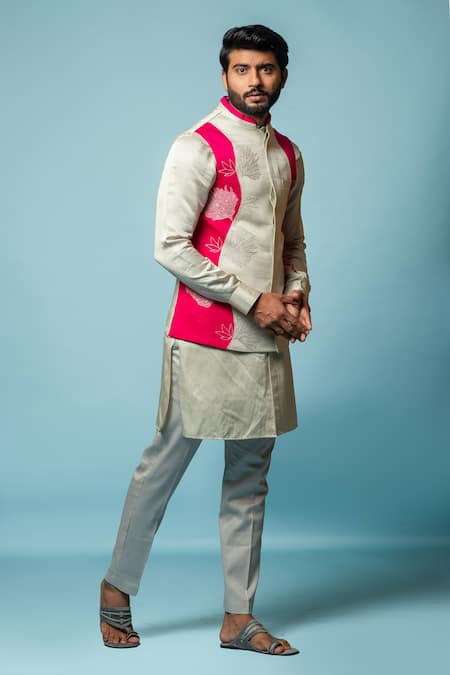 PAARSH_Grey Cotton, Linen Satin Aari Work Noaa Patchwork Bundi Kurta Set _Online_at_Aza_Fashions