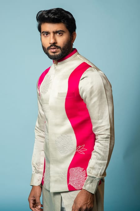 Buy_PAARSH_Grey Cotton, Linen Satin Aari Work Noaa Patchwork Bundi Kurta Set _Online_at_Aza_Fashions