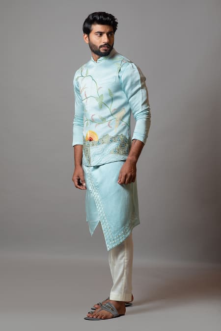 PAARSH Blue Cotton, Linen Satin Thread Work Yosemite Valley Embroidered Bundi Kurta Set Online at Aza Fashions PAARSH_Blue Cotton, Linen Satin Thread Work Yosemite Valley Embroidered Bundi Kurta Set _Online_at_Aza_Fashions