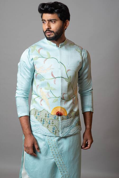 Buy PAARSH Blue Cotton, Linen Satin Thread Work Yosemite Valley Embroidered Bundi Kurta Set Online at Aza Fashions Buy_PAARSH_Blue Cotton, Linen Satin Thread Work Yosemite Valley Embroidered Bundi Kurta Set _Online_at_Aza_Fashions
