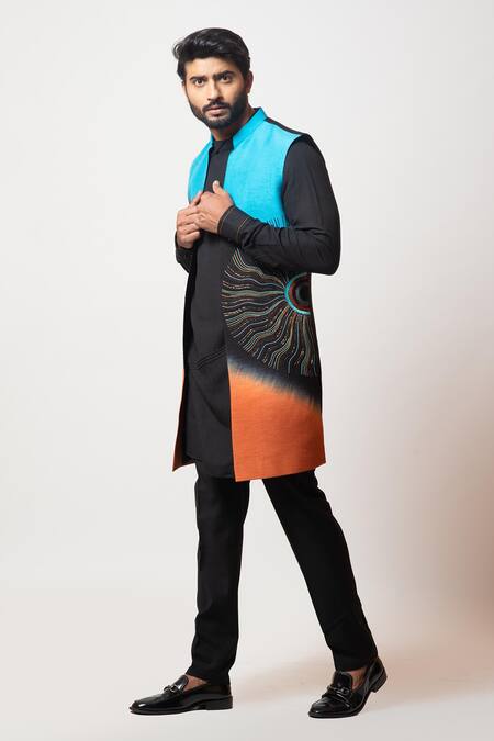 PAARSH_Multi Color Cotton, Bamberg Silk Divine Aura Ombre Front Open Jacket Kurta Set _Online_at_Aza_Fashions