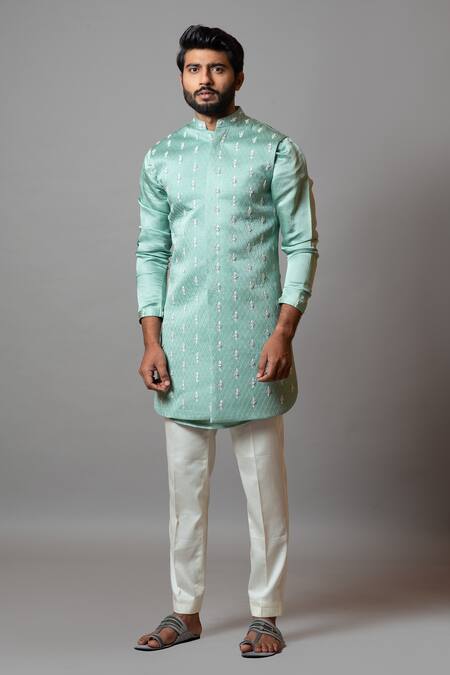 PAARSH_Blue Cotton, Linen Satin Thread Cordelia Embroidered Nehru Jacket Kurta Set _Online_at_Aza_Fashions
