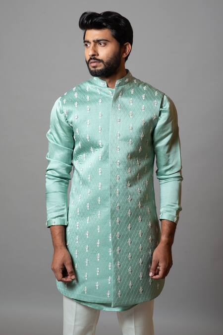 Buy_PAARSH_Blue Cotton, Linen Satin Thread Cordelia Embroidered Nehru Jacket Kurta Set _Online_at_Aza_Fashions