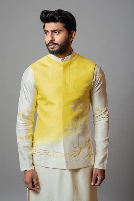 Buy_PAARSH_Yellow Cotton, Bamberg Silk Bead Work, Aurora Ombre Embroidered Bundi Kurta Set _Online_at_Aza_Fashions