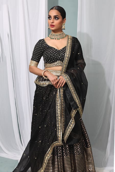 Shop_Neha Khullar_Black Organza, Banarasi Silk V Neck Embroidered Lehenga Set _Online_at_Aza_Fashions