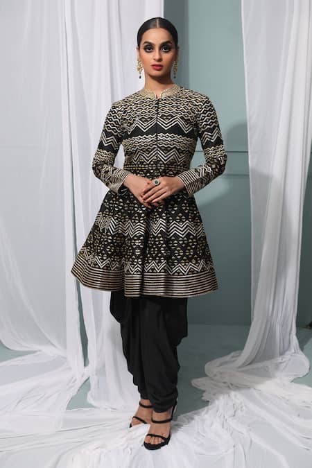 Buy_Neha Khullar_Black Chanderi Silk, Organza Gota Patti, Peplum Kurta Set With Dupatta For Kids_Online_at_Aza_Fashions