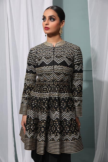 Neha Khullar_Black Chanderi Silk, Organza Gota Patti, Peplum Kurta Set With Dupatta For Kids_at_Aza_Fashions