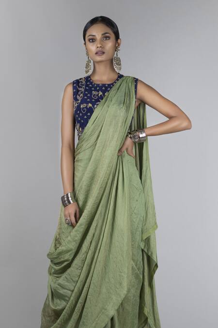 Buy_Nupur Kanoi_Green Tissue Silk Round Pre-draped Saree With Blouse _Online_at_Aza_Fashions