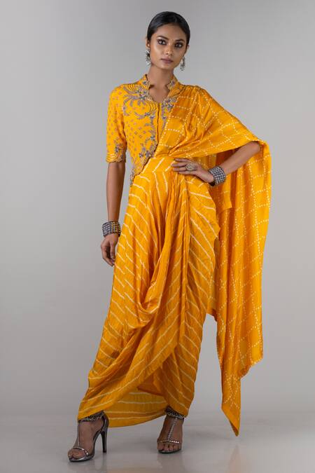 Shop Nupur Kanoi Yellow Bandhani Silk Stand Collar Pre-draped Saree Online at Aza Fashions Shop_Nupur Kanoi_Yellow Bandhani Silk Stand Collar Pre-draped Saree _Online_at_Aza_Fashions