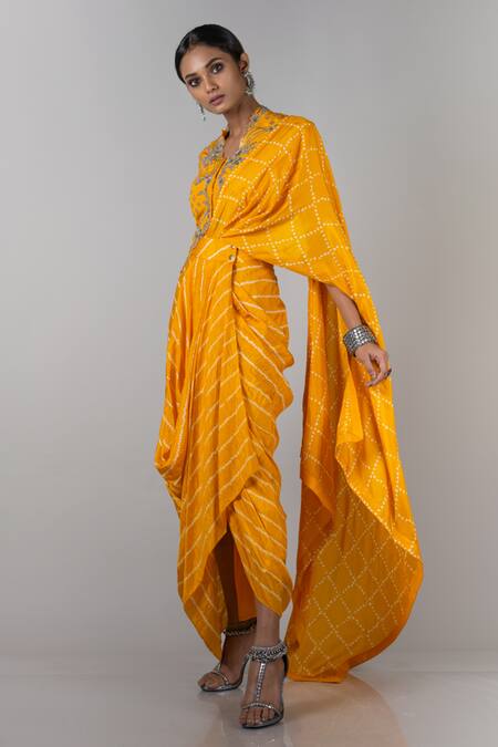 Nupur Kanoi Yellow Bandhani Silk Stand Collar Pre-draped Saree Online at Aza Fashions Nupur Kanoi_Yellow Bandhani Silk Stand Collar Pre-draped Saree _Online_at_Aza_Fashions